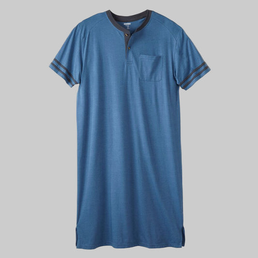 Plus size woman wearing a Heather Soft Blue Short Sleeve Henley Nightshirt with striped sleeves, chest pocket, and two-button placket.