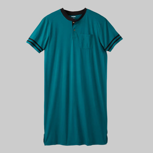 Heather teal short-sleeve henley nightshirt laid flat on a bed, showing button placket and relaxed fit.