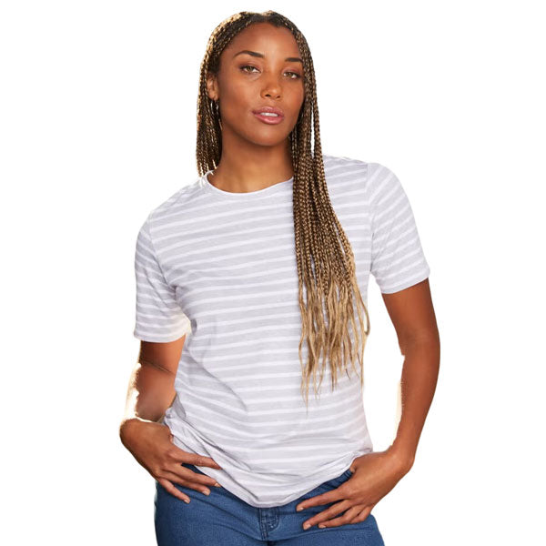 Plus-size woman wearing Heather White Stripes Short-Sleeve Crewneck Tee