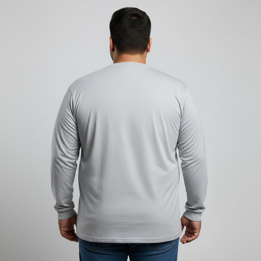 Heather grey jersey long sleeve t-shirt for men, relaxed fit with classic crew neck, soft cotton fabric, full sleeves, studio product image on light background.