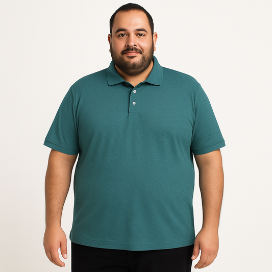 Heather Teal Pique Polo Shirt with three-button placket and ribbed collar laid flat