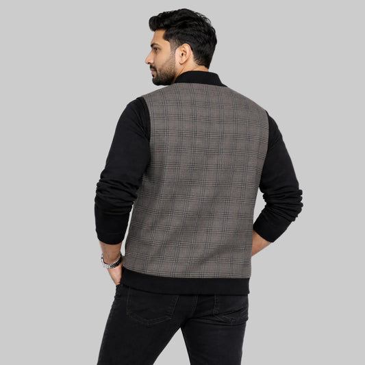 Heritage check sleeveless full zip jacket with ribbed collar and hem, front view, premium plaid winter vest for men.