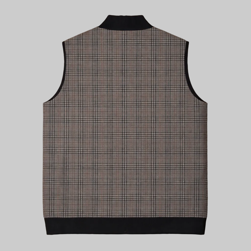Heritage check sleeveless full zip jacket with ribbed collar and hem, front view, premium plaid winter vest for men.
