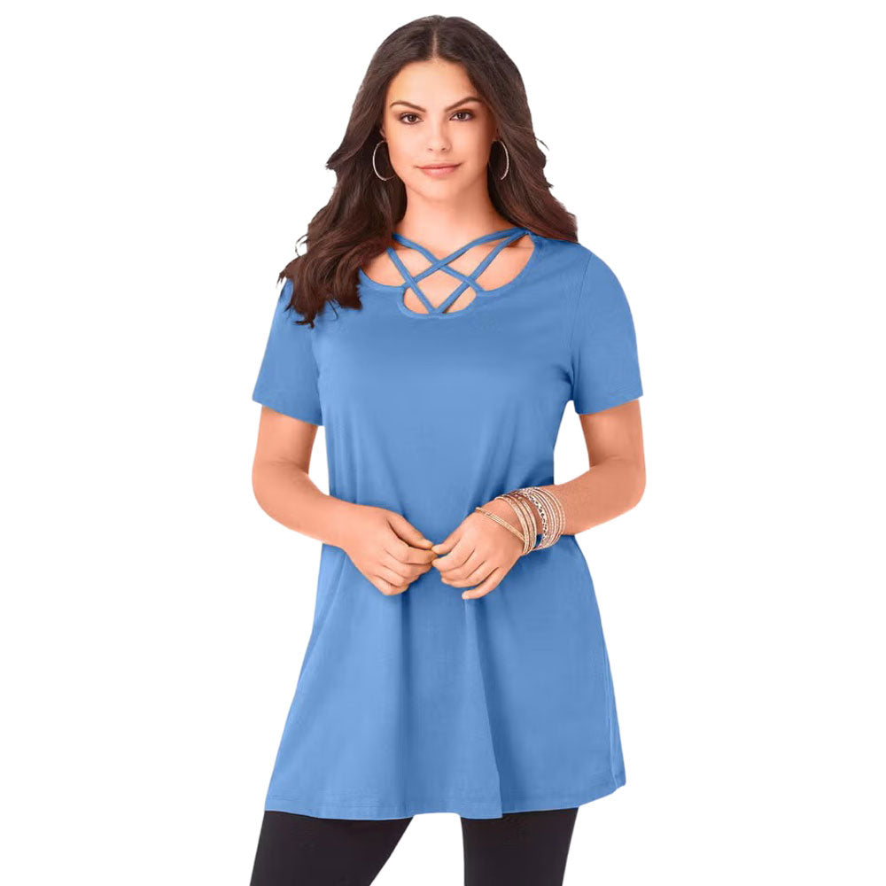 Plus-size short sleeve tunic with a criss-cross lattice neckline, relaxed fit, and 34” length. Made from soft, breathable cotton for all-day comfort.