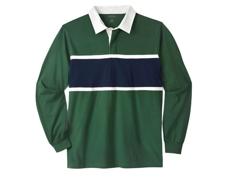 Hunter green big and tall long sleeve rugby polo shirt with contrast collar and classic athletic fit