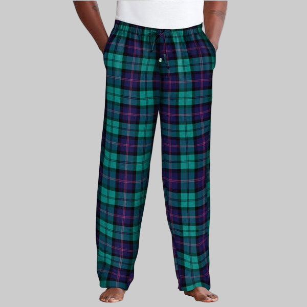Hunter green plaid flannel pajama pants with elastic waistband and side pockets