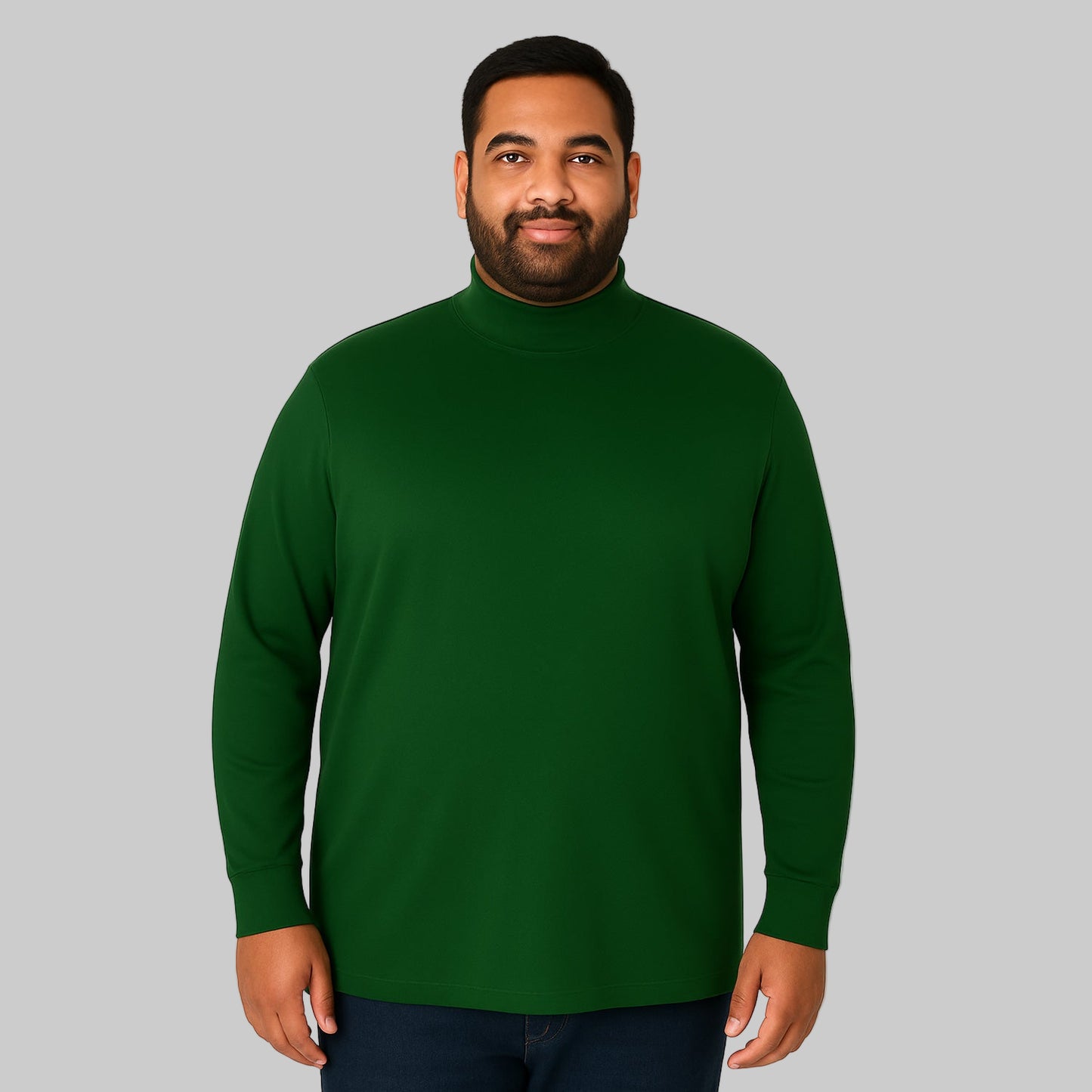 Plus-size Pakistani male model wearing hunter green mock neck long sleeve cotton tee on a light-gray background, front and back view.