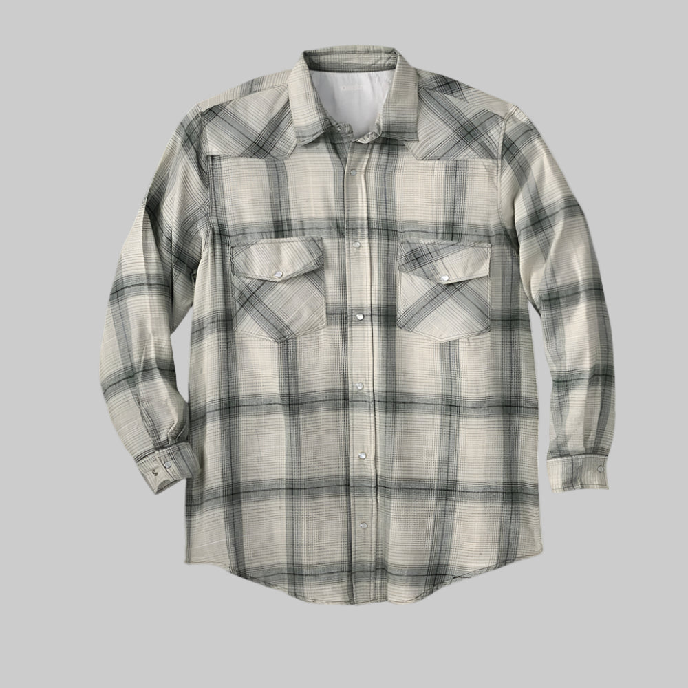 Hunter green ombre flannel shirt with snap front, chest pockets, and classic collar — in a relaxed fit.