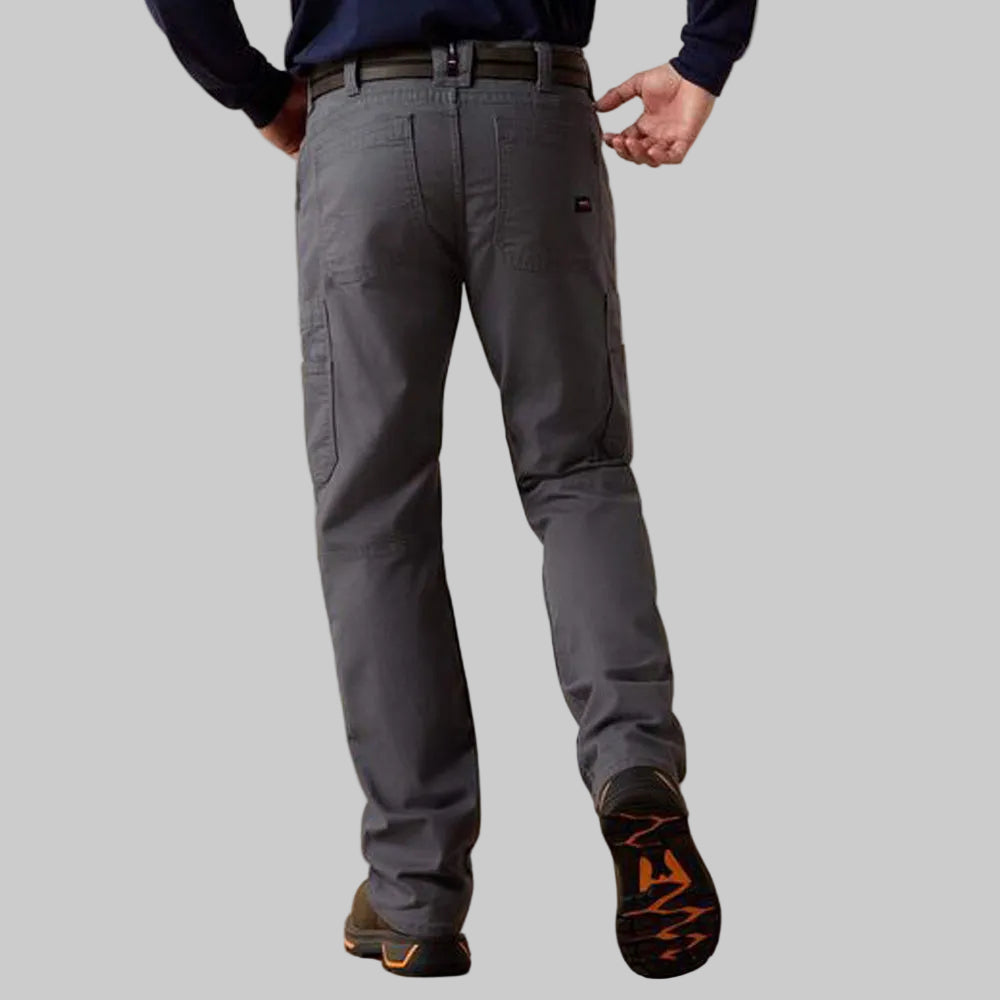 Iron grey utility straight-leg jeans with reinforced belt loops, deep pockets, stretch fabric, and durable workwear design for active use.