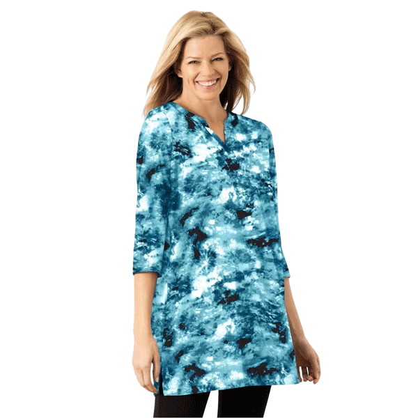Women’s island aqua tie-dye tunic with three-quarter sleeves and notch neckline, laid flat on a wooden background