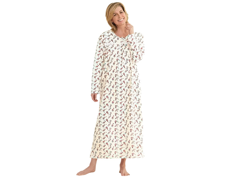 Ivory floral cotton flannel nightgown with lace yoke and ruffle sleeves