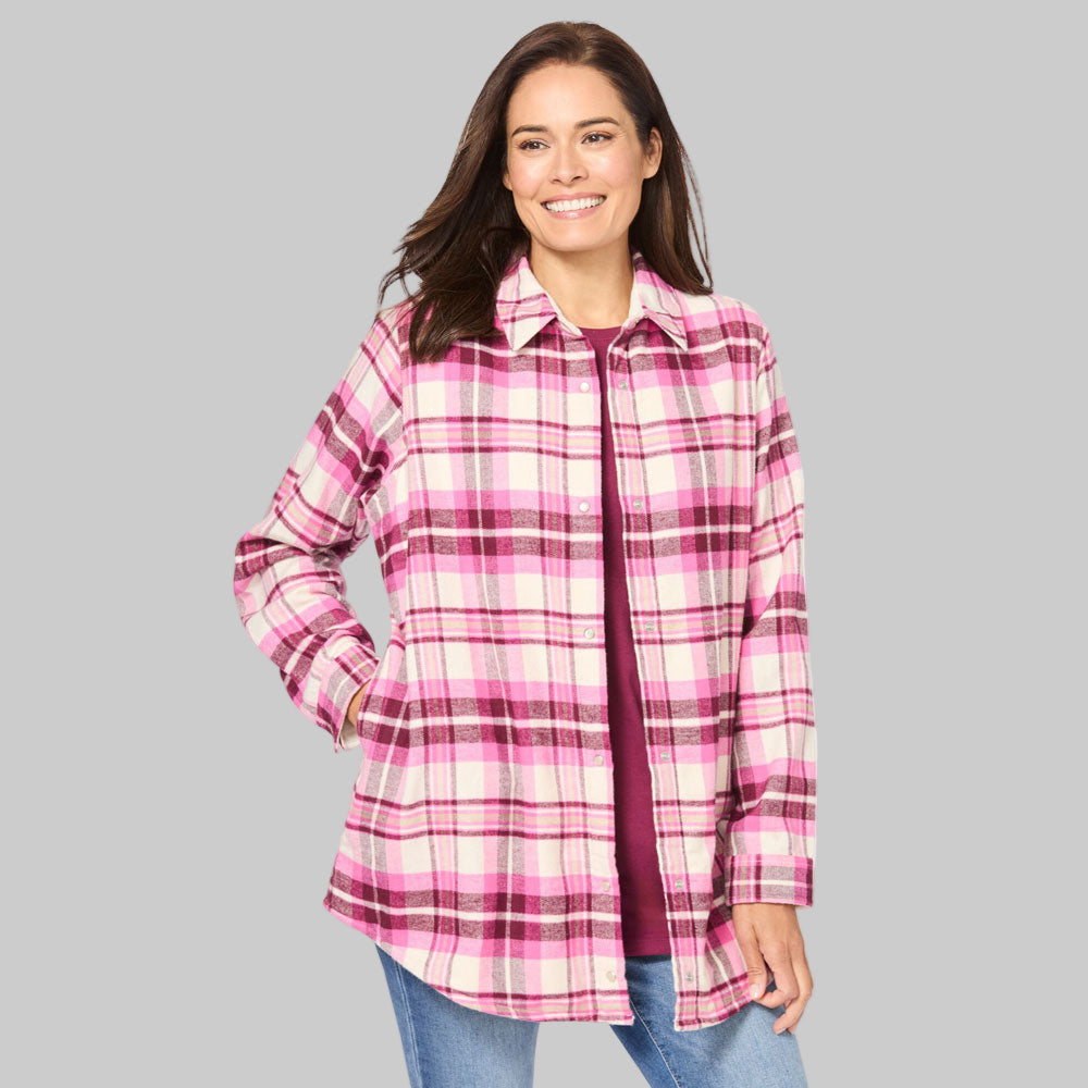 Plus-size woman wearing a deep claret and ivory plaid fleece-lined flannel snap-front shirt with long sleeves and relaxed fit on white background.