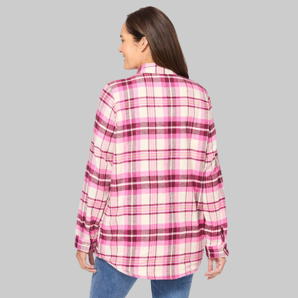 Plus-size woman wearing a deep claret and ivory plaid fleece-lined flannel snap-front shirt with long sleeves and relaxed fit on white background.