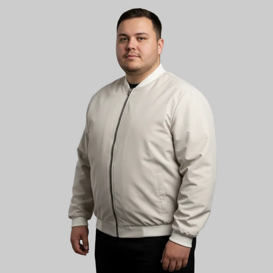 Ivory plus size bomber jacket with front zip closure and ribbed cuffs on a clean background.