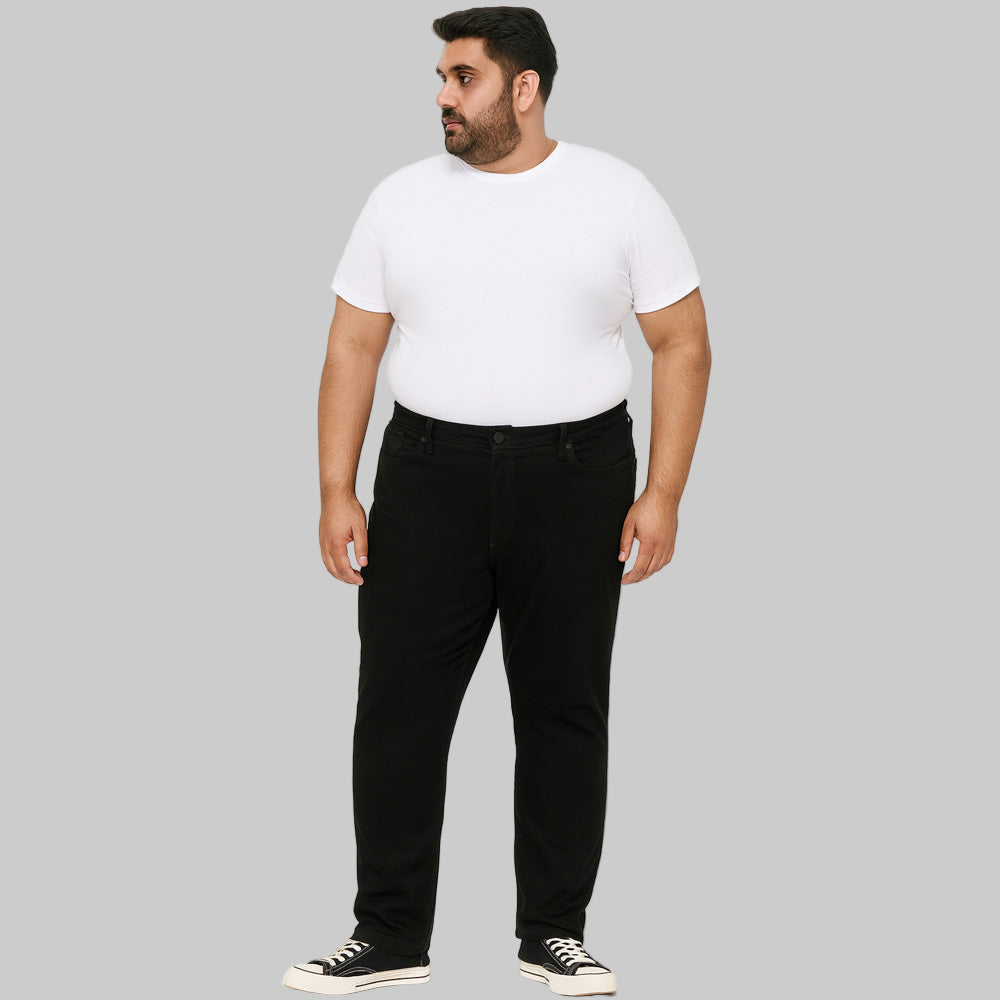 Front view of Jet Black Hyper Stretch Slim Jeans with slim fit cut, button closure, and 5-pocket styling.