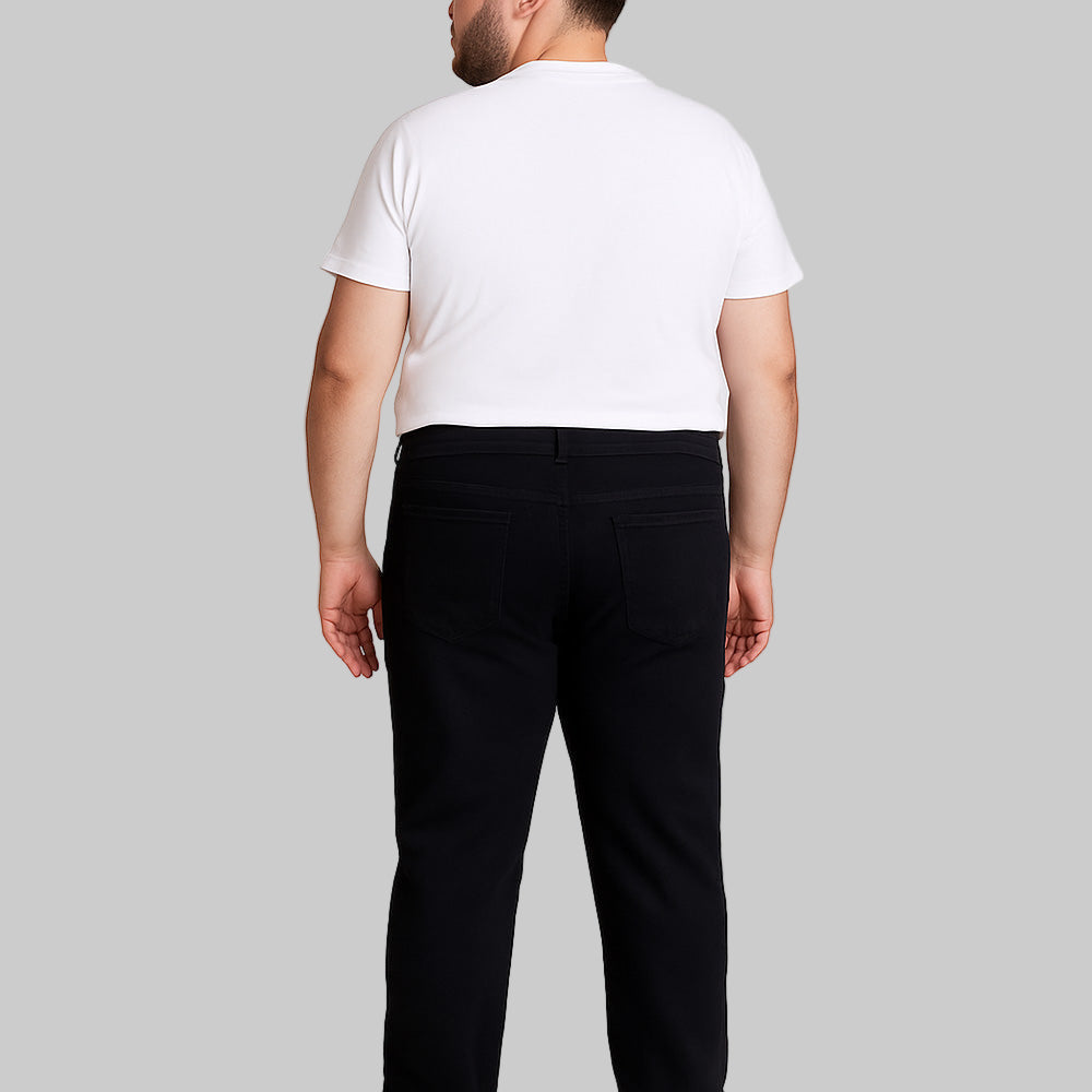 Front view of Jet Black Hyper Stretch Slim Jeans with slim fit cut, button closure, and 5-pocket styling.