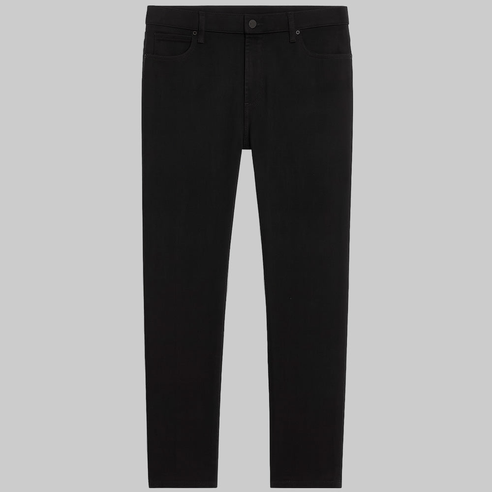 Front view of Jet Black Hyper Stretch Slim Jeans with slim fit cut, button closure, and 5-pocket styling.