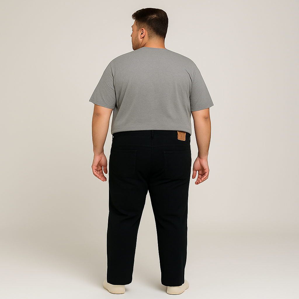 Jet black stretch denim jeans for men with straight leg, zip fly, and classic 5-pocket design