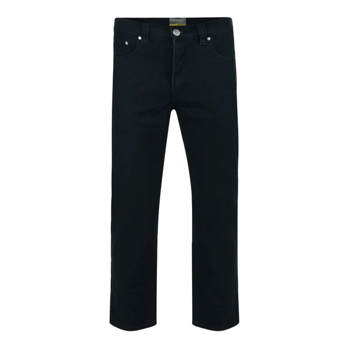 Jet black stretch denim jeans for men with straight leg, zip fly, and classic 5-pocket design