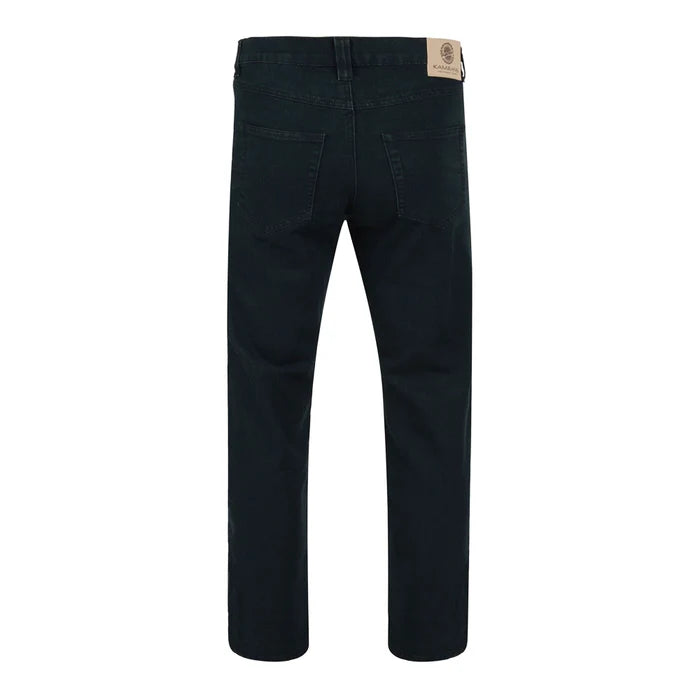 Jet black stretch denim jeans for men with straight leg, zip fly, and classic 5-pocket design