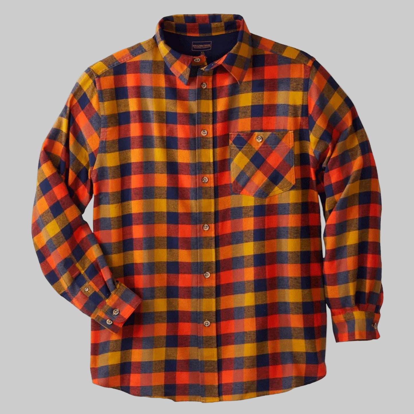 “Khaki Check Plaid Flannel Shirt – plus size relaxed fit cotton button-front with chest pocket and adjustable cuffs”