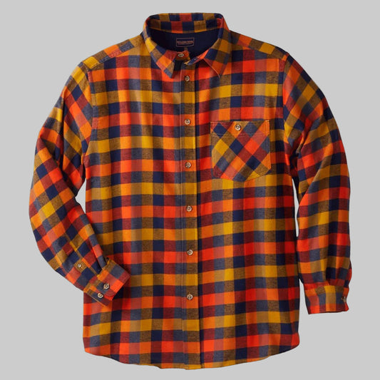 “Khaki Check Plaid Flannel Shirt – plus size relaxed fit cotton button-front with chest pocket and adjustable cuffs”