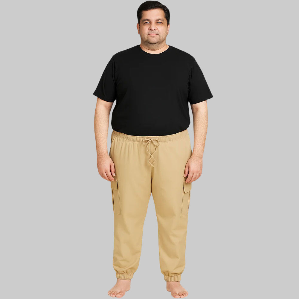 Khaki Plus-Size Cotton Cargo Joggers for Men with Utility Pockets
