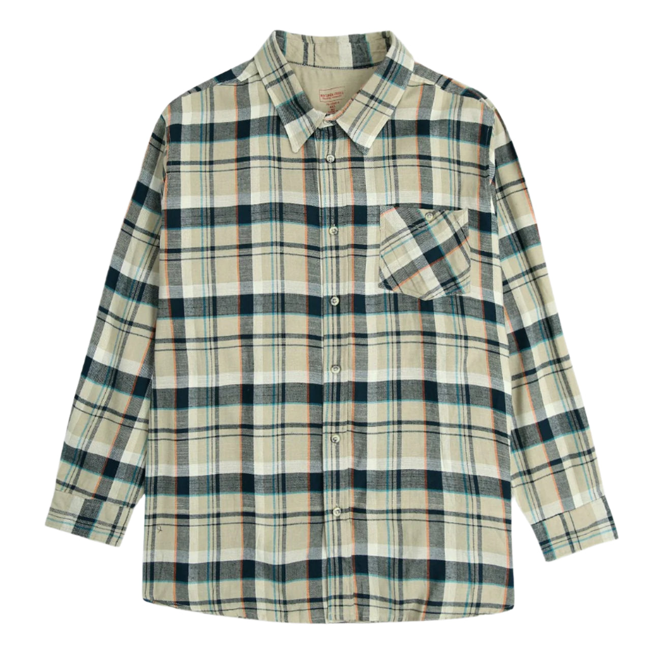 Khaki plaid flannel shirt with horn buttons, chest pocket, and button-down collar — made from soft brushed cotton.
