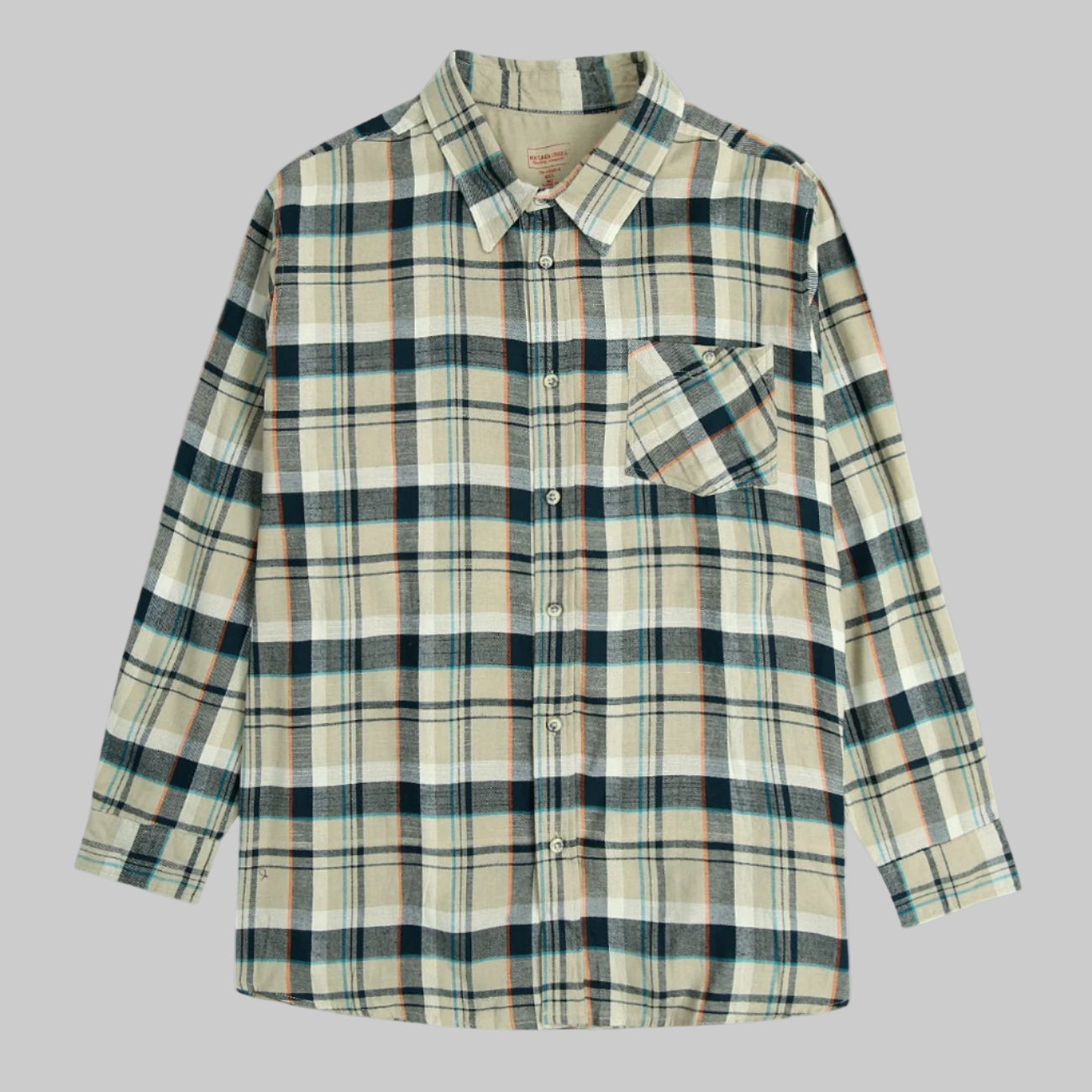 Khaki plaid flannel shirt with horn buttons, chest pocket, and button-down collar — made from soft brushed cotton.
