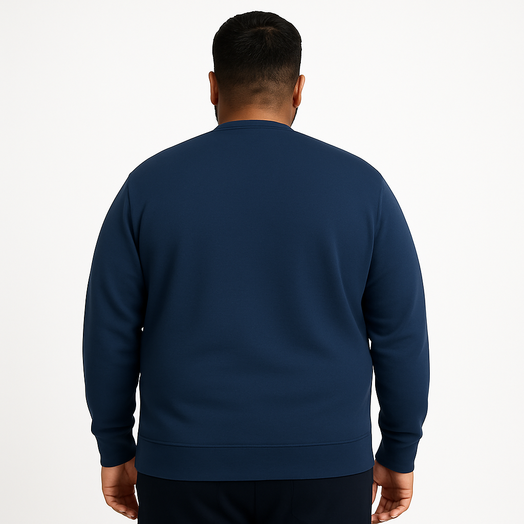 Plus-size model wearing a Land Navy Fleece Crewneck Sweatshirt in navy, long sleeves, rib-knit cuffs, and crew neckline, front view