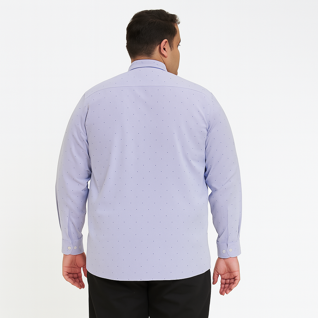 Plus-size Pakistani man wearing lavender full-sleeve micro-dot formal shirt
