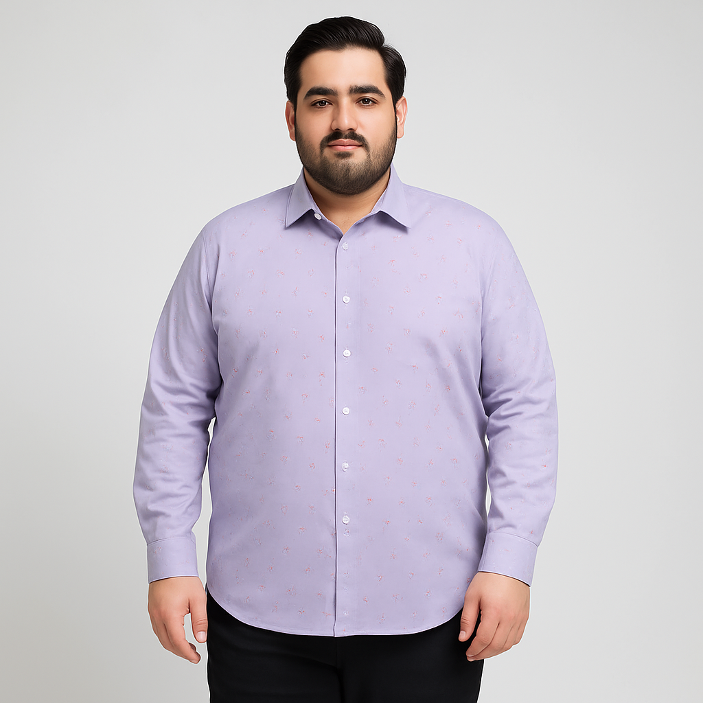 Plus-size Pakistani man wearing lavender full-sleeve micro-dot formal shirt