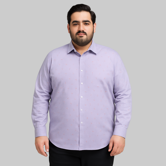 Plus-size Pakistani man wearing lavender full-sleeve micro-dot formal shirt