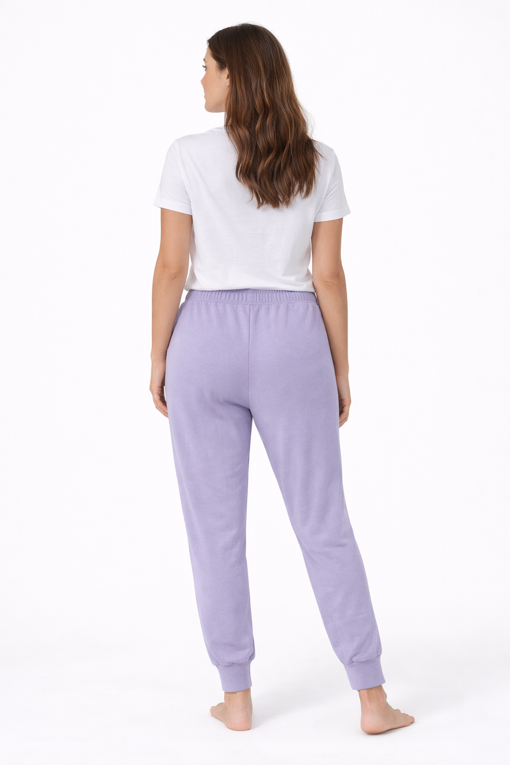 Women’s lavender cloud jersey jogger pajama pants with elastic waistband, drawstring and ribbed ankle cuffs laid flat on a white background.