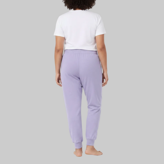 Women’s lavender cloud jersey jogger pajama pants with elastic waistband, drawstring and ribbed ankle cuffs laid flat on a white background.