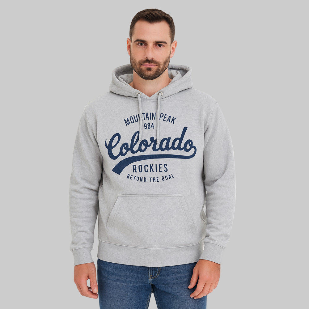 Light grey “Colorado Rockies” printed men’s hoodie with drawstring hood, kangaroo pocket, and ribbed cuffs — soft cotton-blend casual wear.