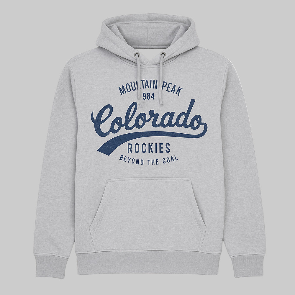 Light grey “Colorado Rockies” printed men’s hoodie with drawstring hood, kangaroo pocket, and ribbed cuffs — soft cotton-blend casual wear.