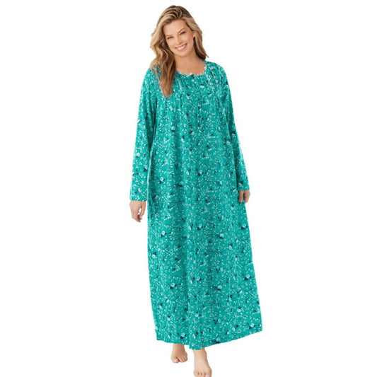 Women’s plus size floral knit gown in light jade ivory with crochet lace, pintucks, satin ribbon tie, and faux shell buttons, made from soft cotton jersey.