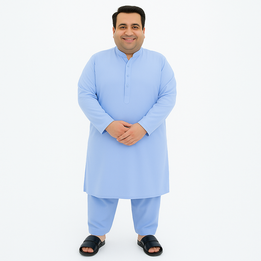 Plus-size man wearing sky blue wash & wear kurta pajama – PlusSize.pk