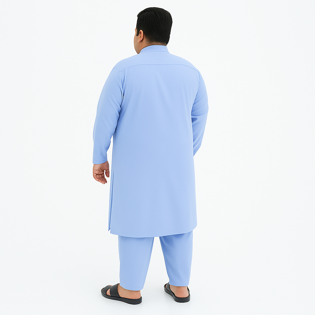 Plus-size man wearing sky blue wash & wear kurta pajama – PlusSize.pk