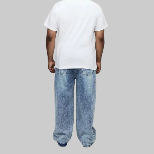 Light blue wash wide-leg denim jeans for men with relaxed fit and vintage washed finish.