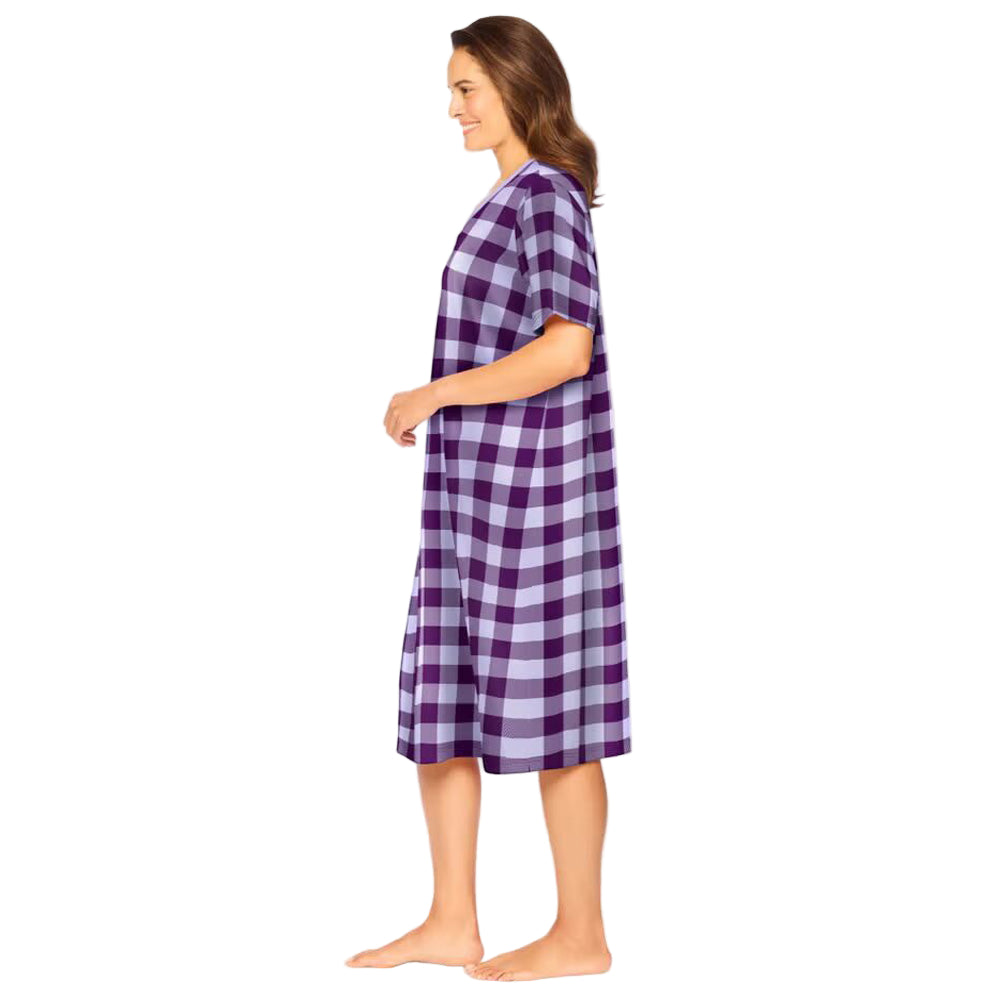 Lilac Grape Check Short Print Sleepshirt with purple checkered pattern, ribbed V-neck, short sleeves, and A-line silhouette – women’s 40-inch cotton sleepwear.