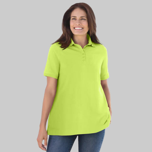 Lime green plus-size short-sleeve polo shirt with classic collar, relaxed fit, and 28-inch length made from soft, breathable cotton fabric.