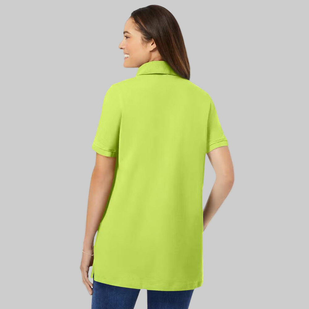 Lime green plus-size short-sleeve polo shirt with classic collar, relaxed fit, and 28-inch length made from soft, breathable cotton fabric.