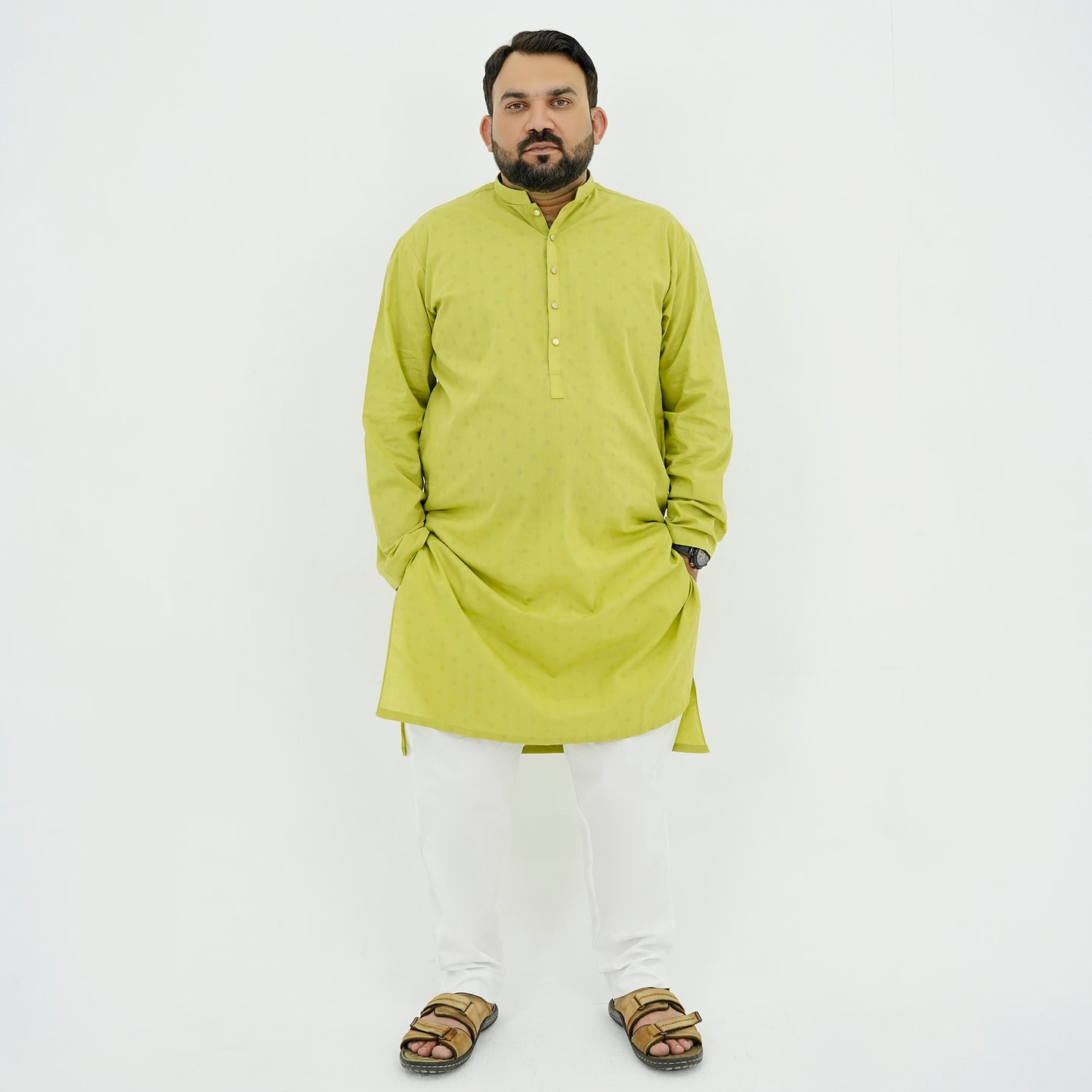 Lime Green Textured Cotton Plus Size Kurta Pajama PSM-9056