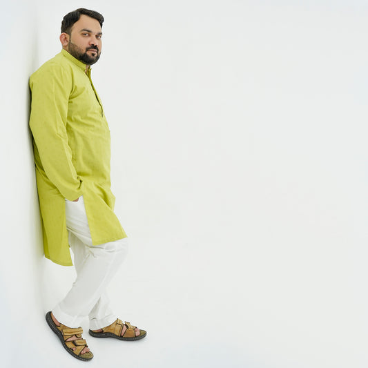 Lime Green Textured Cotton Plus Size Kurta Pajama PSM-9056