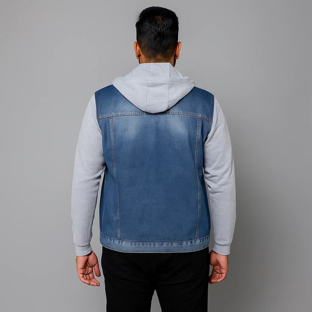 Plus-size man wearing denim jacket with grey fleece sleeves and attached hood