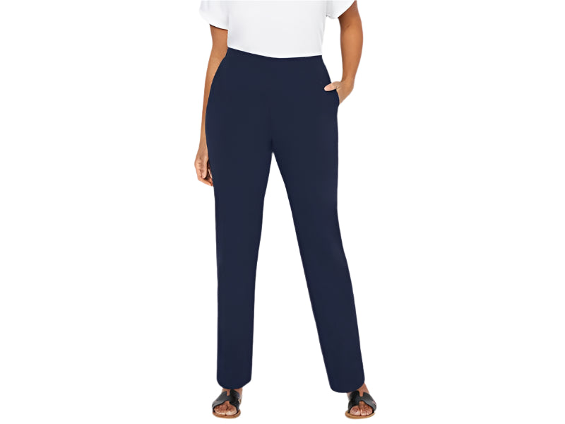 Plus size navy blue stretch cotton pull-on pants with elastic waist, straight leg, and side pockets – women’s cotton spandex bottoms