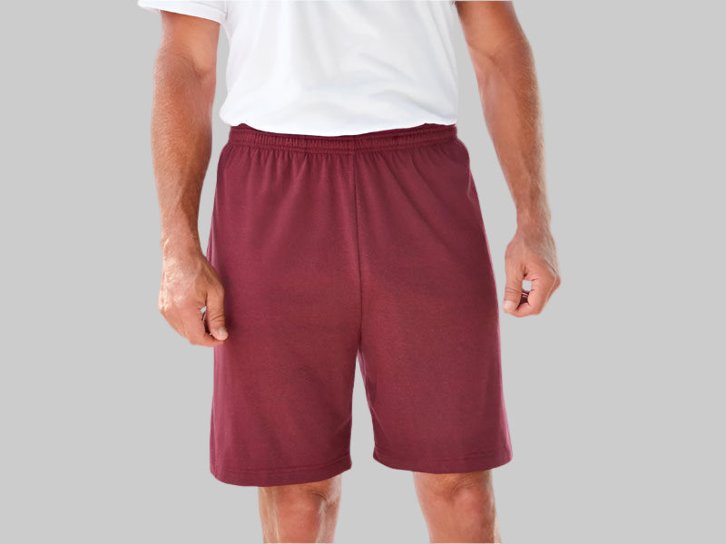 A pair of Maroon Lightweight Jersey Big Size Shorts with a soft jersey fabric, elastic waistband, and adjustable drawstring for a comfortable and stylish fit
