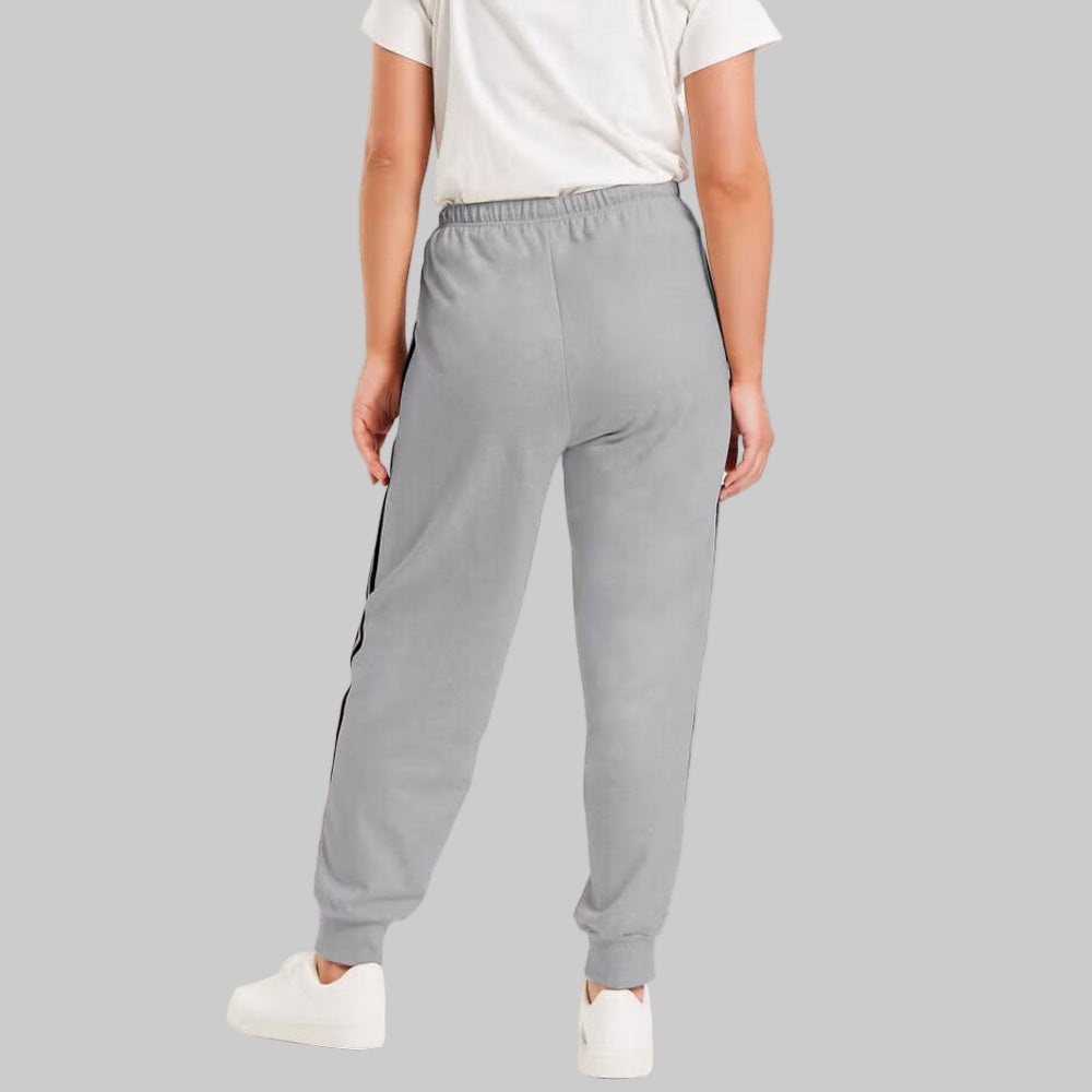 Medium Heather Grey French Terry Joggers with side stripe detailing, drawstring waist, and ribbed cuffs — slim-fit plus size lounge joggers for women.